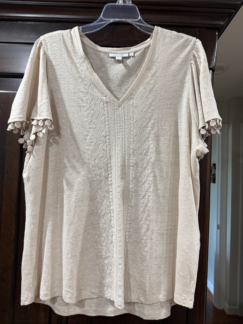 Light Beige Embroidered V-Neck Top with Pom Sleeve Detail